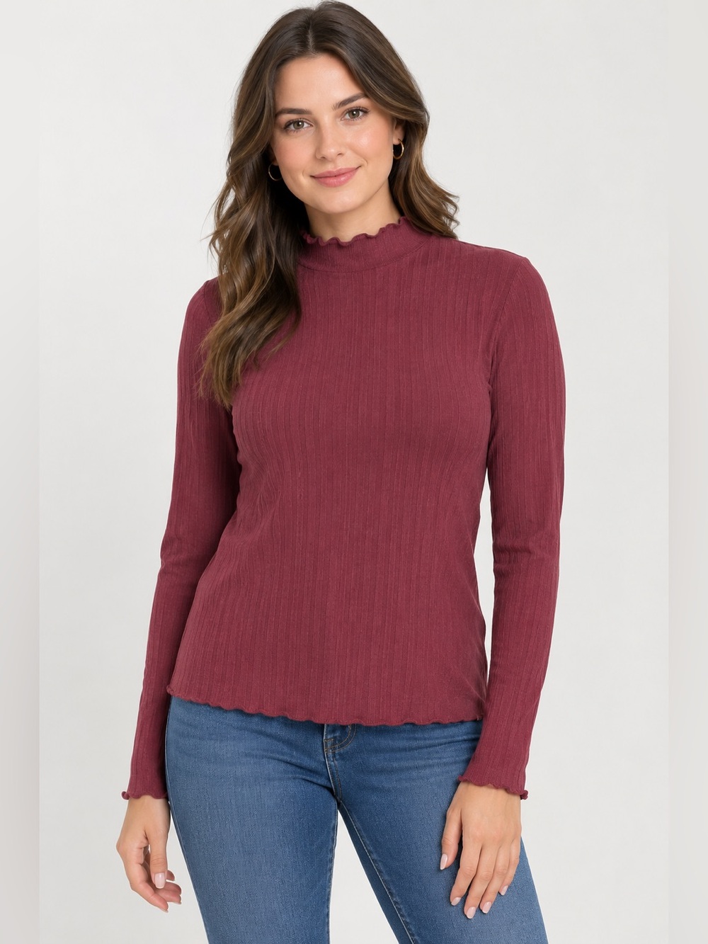 Ribbed Mock Neck Long-Sleeve Top in Burgundy